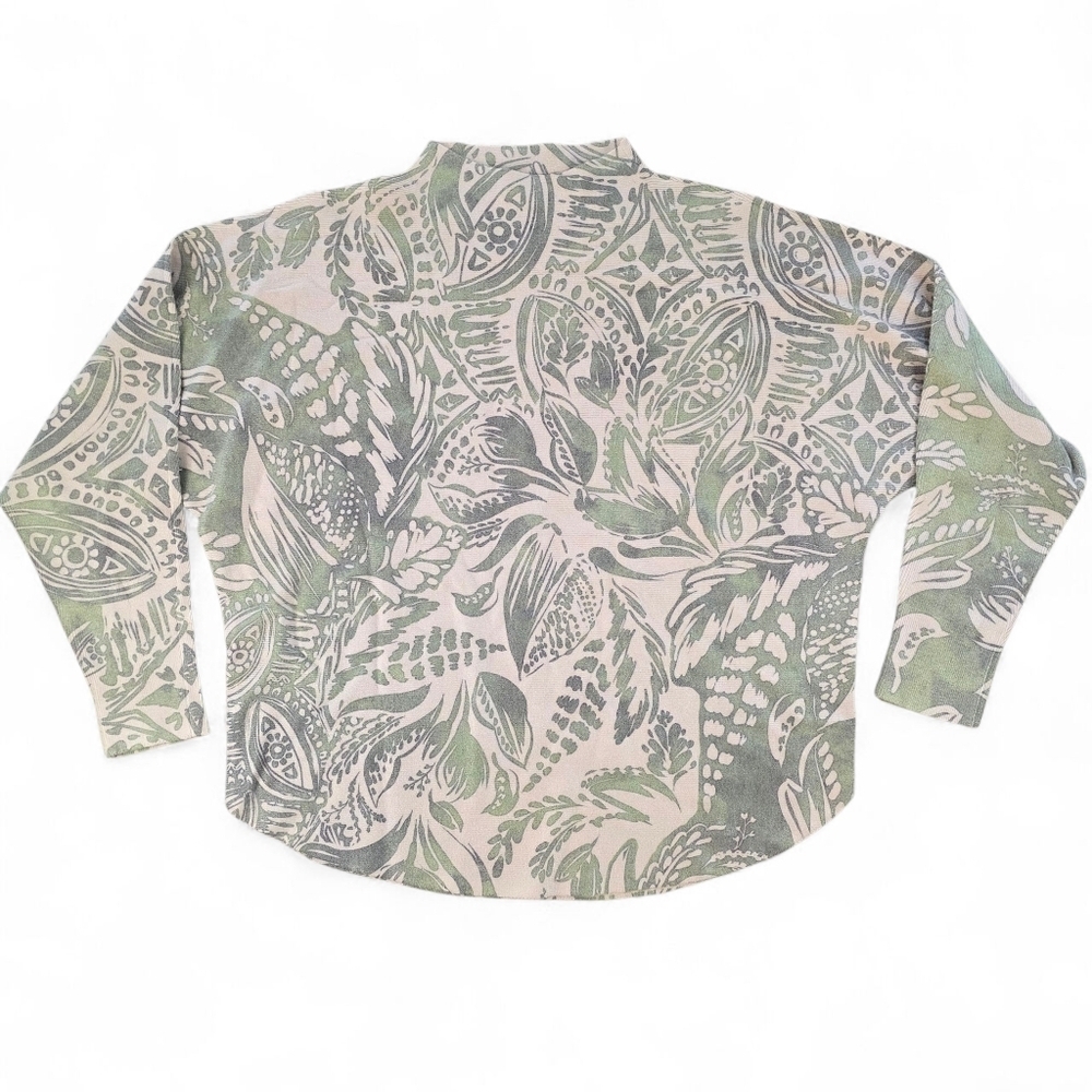 Sioni Green & Tan Botanical Print Mock Neck Lightweight Knit Top Women Size L